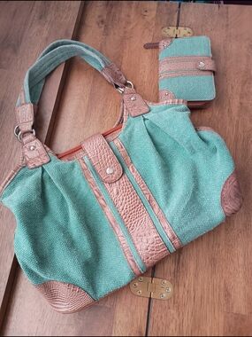 Braciano Mint Green Canvas Shoulder Bag & Wallet with Tan Croc-Texture Trim